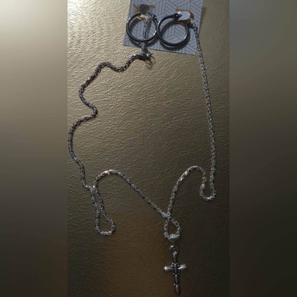 Elegant Silver Necklace & Earrings Set with Delicate Cross Chain Design By Me.